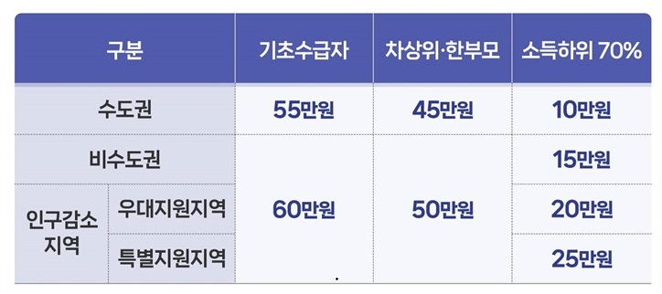 거주지 및 자격별 지원금액 표